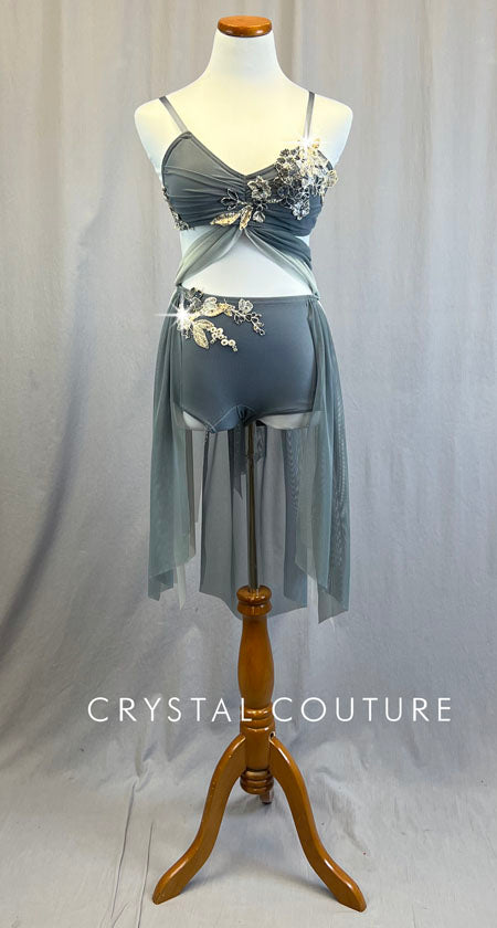 Custom Grey Connected Two Piece with Back Skirt - Appliques & Rhinestones