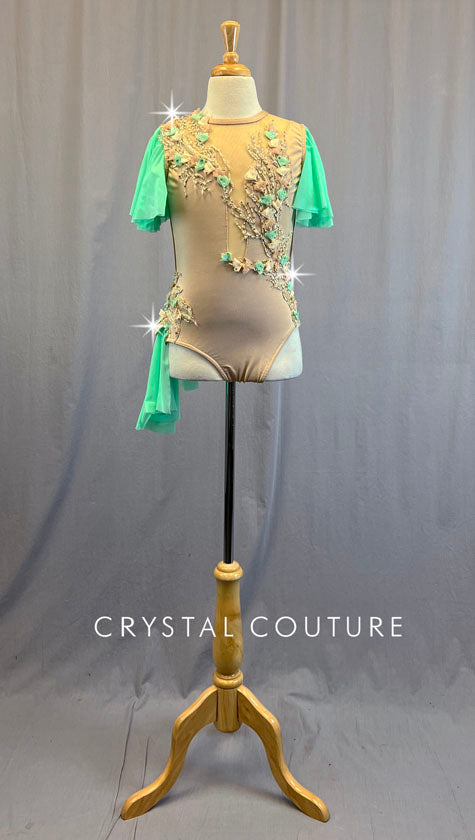 Custom Nude Leotard with Mint Flutter Sleeves & Side Bustle - Appliques & Rhinestones