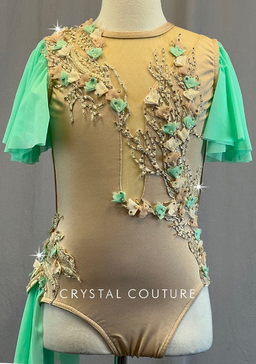 Custom Nude Leotard with Mint Flutter Sleeves & Side Bustle - Appliques & Rhinestones