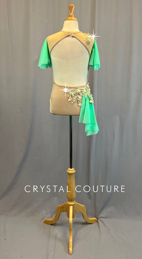 Custom Nude Leotard with Mint Flutter Sleeves & Side Bustle - Appliques & Rhinestones