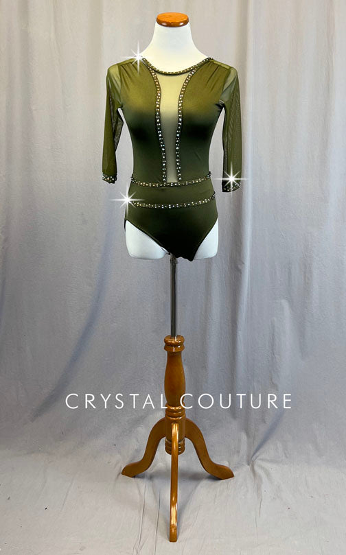 Custom Olive Green Leotard with Mesh 3/4 Sleeves - Rhinestones