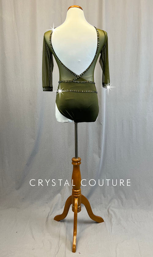 Custom Olive Green Leotard with Mesh 3/4 Sleeves - Rhinestones