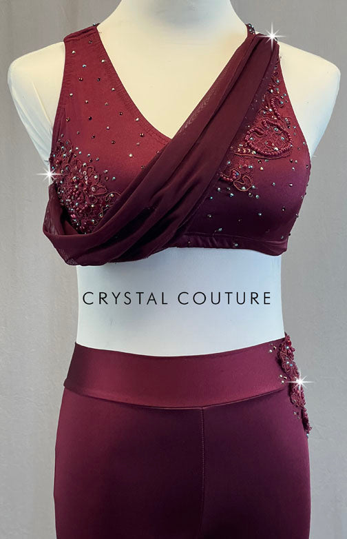 Custom Burgundy Two Piece with Mesh Drape - Appliques & Rhinestones