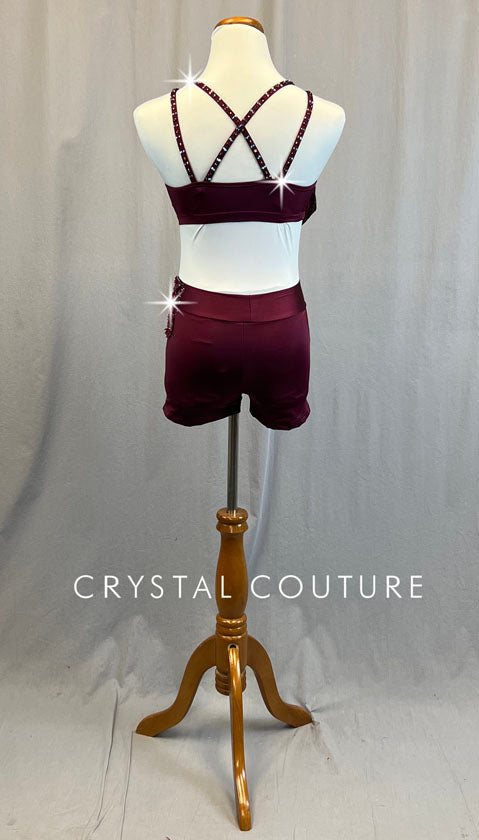 Custom Burgundy Two Piece with Mesh Drape - Appliques & Rhinestones