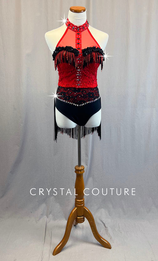 Custom Red & Black Lace Bustier with Fringe - Rhinestones