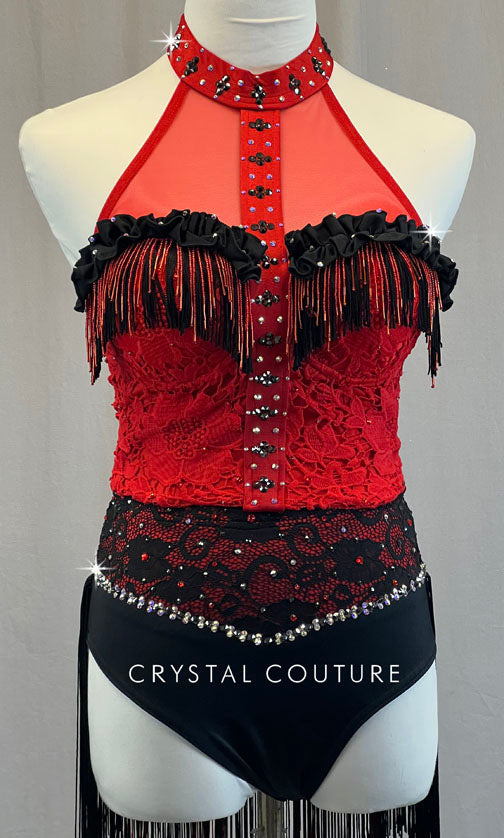 Custom Red & Black Lace Bustier with Fringe - Rhinestones