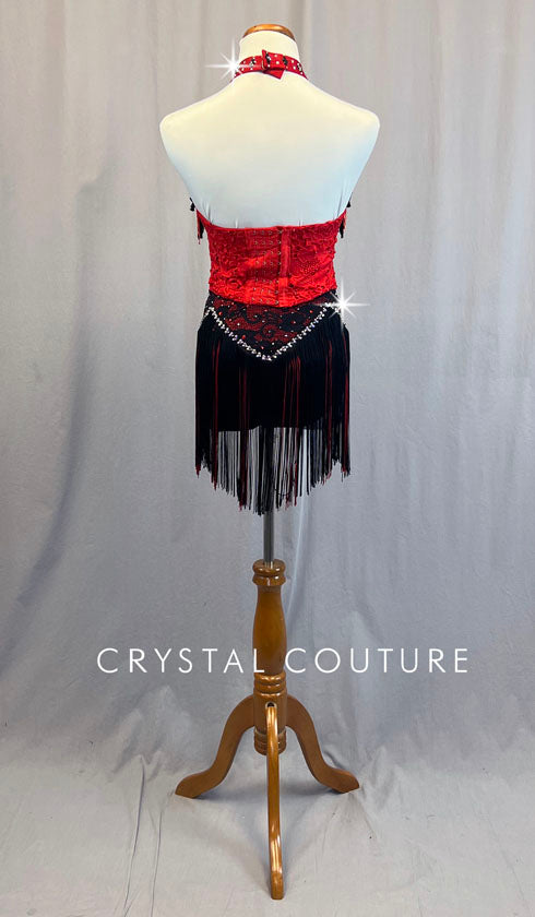 Custom Red & Black Lace Bustier with Fringe - Rhinestones