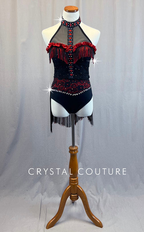 Custom Black & Red Lace Bustier with Fringe - Rhinestones