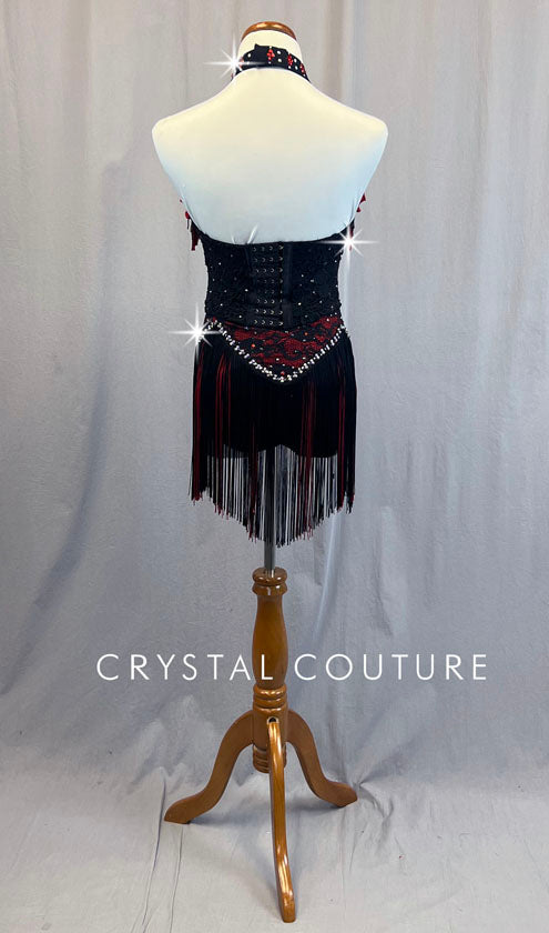 Custom Black & Red Lace Bustier with Fringe - Rhinestones