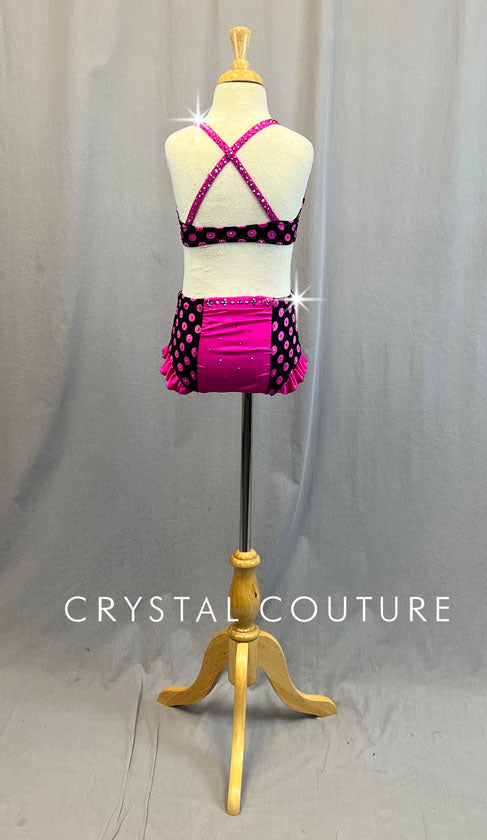 Custom Black & Pink Polka Dot Two Piece Ruched Panels - Rhinestones
