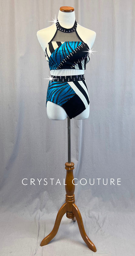 Custom Black, White, & Blue Patchwork Patterned Two Piece - Rhinestones
