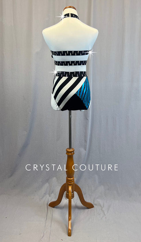 Custom Black, White, & Blue Patchwork Patterned Two Piece - Rhinestones