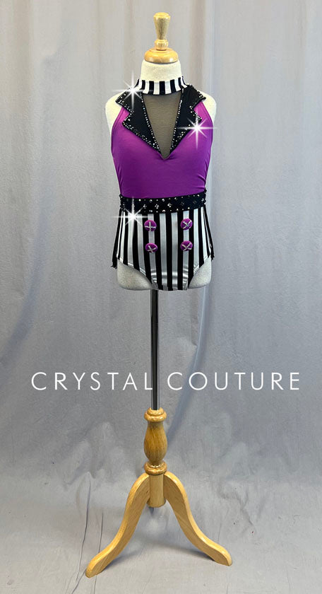Custom Purple Leotard with Black & White Striped Details & Fringe Skirt - Rhinestones