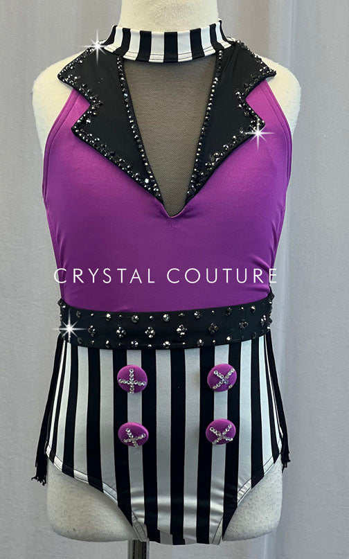 Custom Purple Leotard with Black & White Striped Details & Fringe Skirt - Rhinestones