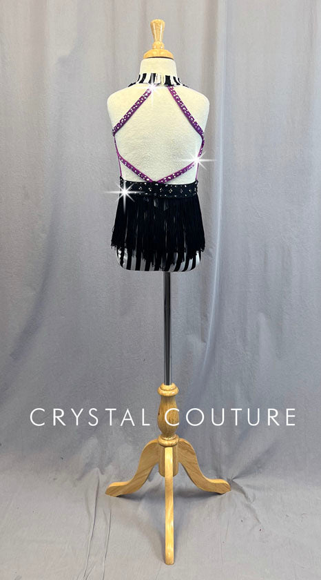 Custom Purple Leotard with Black & White Striped Details & Fringe Skirt - Rhinestones
