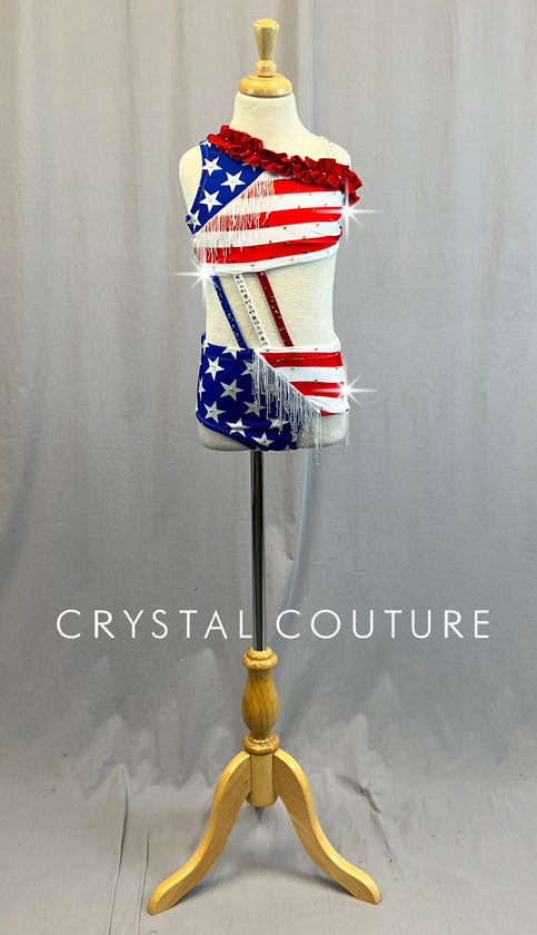 Custom America Themed Connected Two Piece with Beaded Fringe and Ruffles - Rhinestones