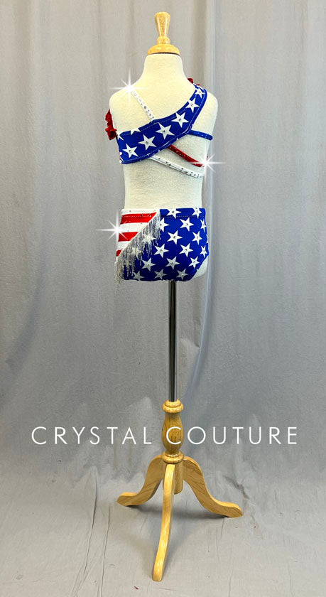 Custom America Themed Connected Two Piece with Beaded Fringe & Ruffles - Rhinestones