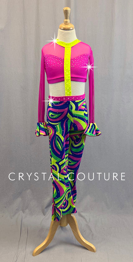 Custom Neon Disco Two Piece with Mesh Flare Sleeves and Bell Bottoms - Rhinestones