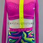 Custom Neon Disco Two Piece with Mesh Flare Sleeves and Bell Bottoms - Rhinestones