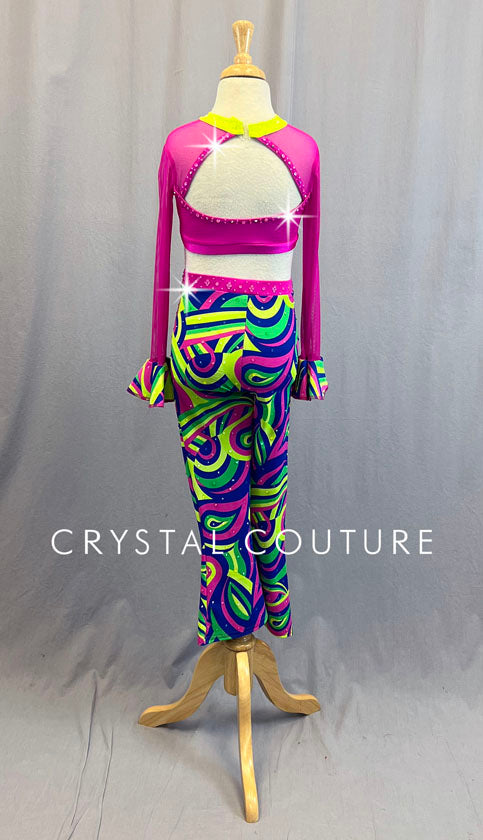 Custom Neon Disco Two Piece with Mesh Flare Sleeves and Bell Bottoms - Rhinestones