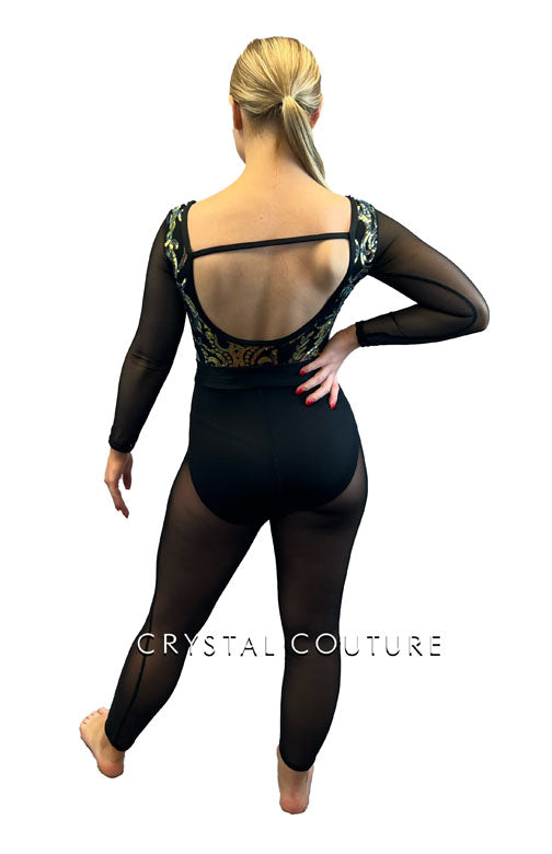 Custom Black Sequined Unitard with Mesh Sleeves and Pants