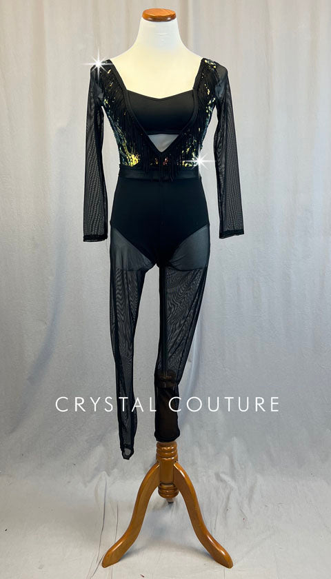 Custom Black Sequined Unitard with Mesh Sleeves and Pants