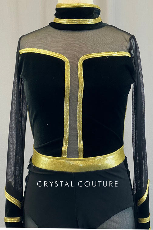 Custom Black Velour Biketard with Mesh and Gold Trim