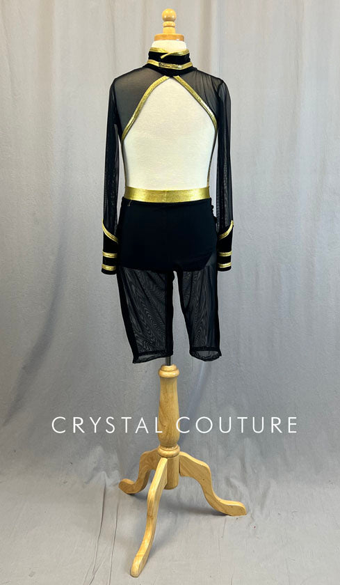 Custom Black Velour Biketard with Mesh and Gold Trim