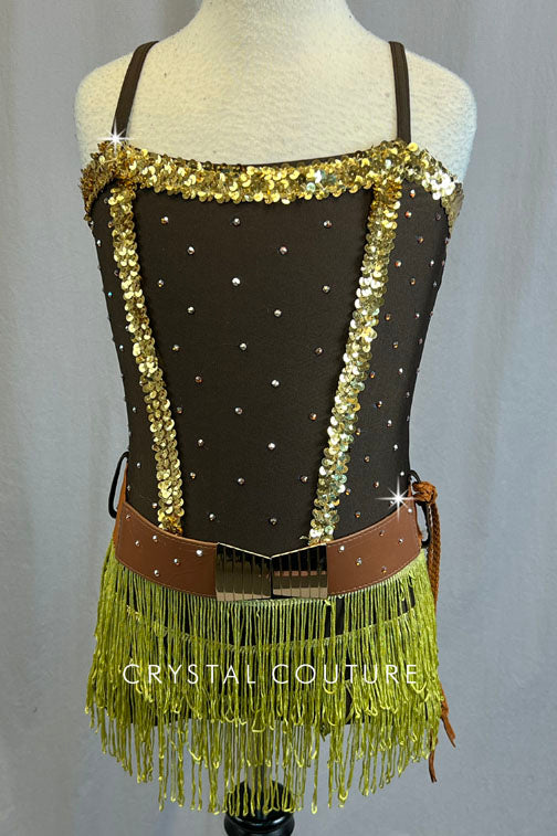 Brown Cowgirl Themed Biketard with Fringe Skirt - Rhinestones