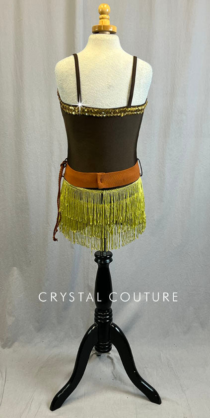 Brown Cowgirl Themed Biketard with Fringe Skirt - Rhinestones