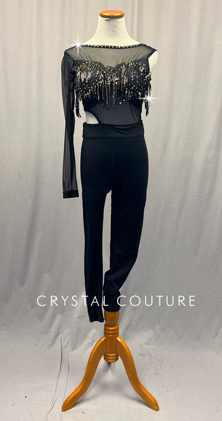 Custom Black Asymmetrical Unitard with Mesh Sleeve and Sequin Fringe - Rhinestones