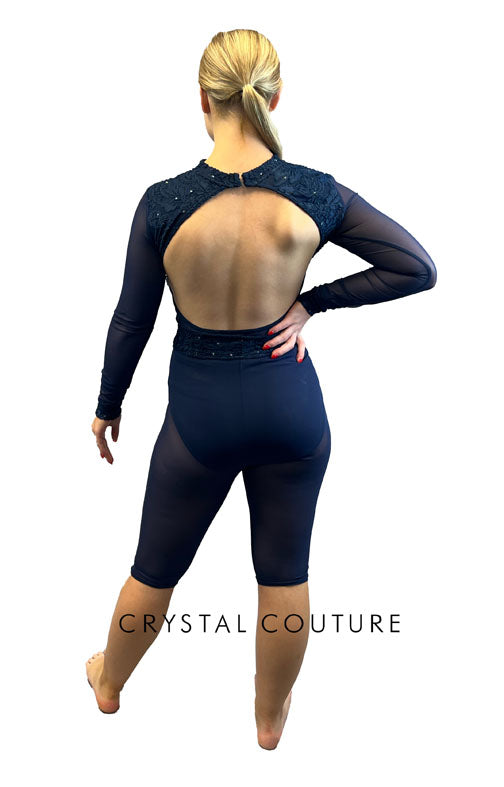 Custom Navy Blue Long Sleeve Biketard with Velour Print and Mesh - Rhinestones