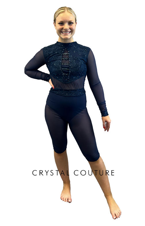 Custom Navy Blue Long Sleeve Biketard with Velour Print and Mesh - Rhinestones