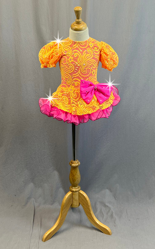 Custom Yellow and Pink Lace Puff Sleeve Dress with Ruffled Crinoline - Rhinestones