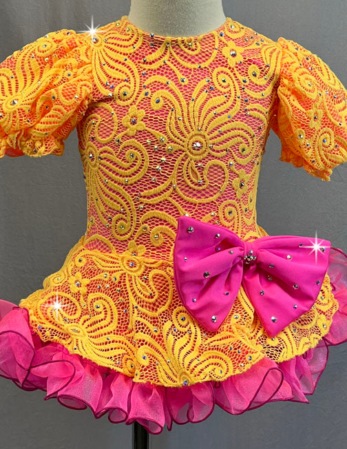 Custom Yellow and Pink Lace Puff Sleeve Dress with Ruffled Crinoline - Rhinestones