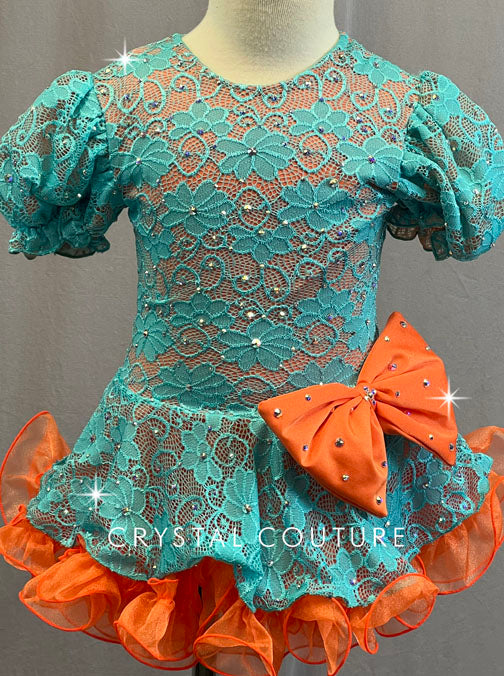 Custom Teal and Orange Lace Puff Sleeve Dress with Ruffled Crinoline - Rhinestones