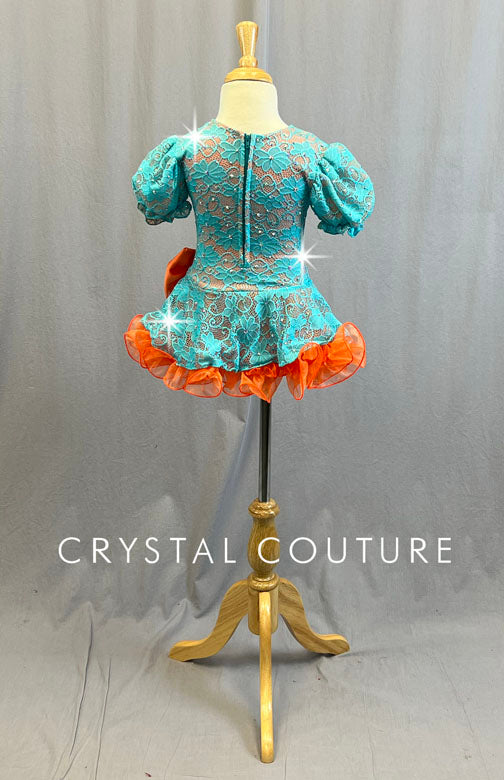 Custom Teal and Orange Lace Puff Sleeve Dress with Ruffled Crinoline - Rhinestones