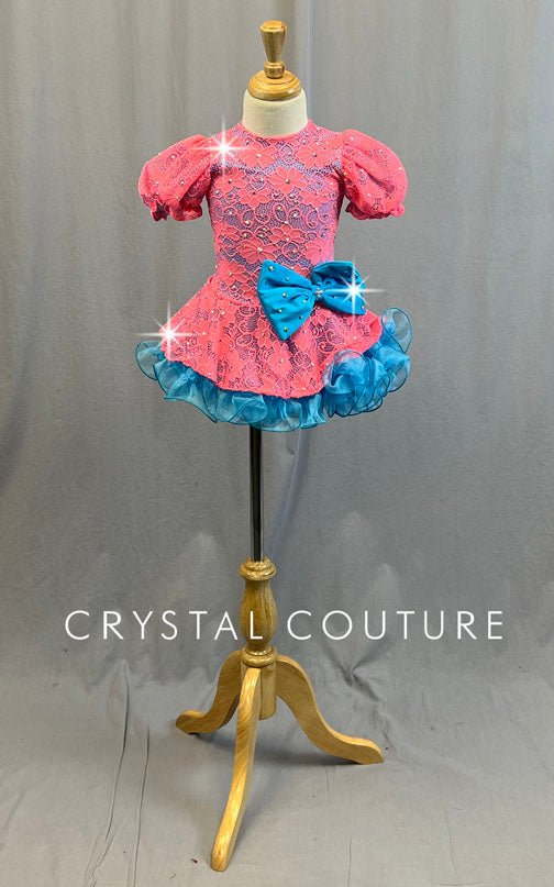 Custom Coral and Blue Lace Puff Sleeve Dress with Ruffled Crinoline - Rhinestones