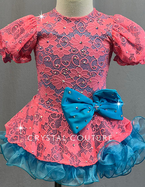Custom Coral and Blue Lace Puff Sleeve Dress with Ruffled Crinoline - Rhinestones