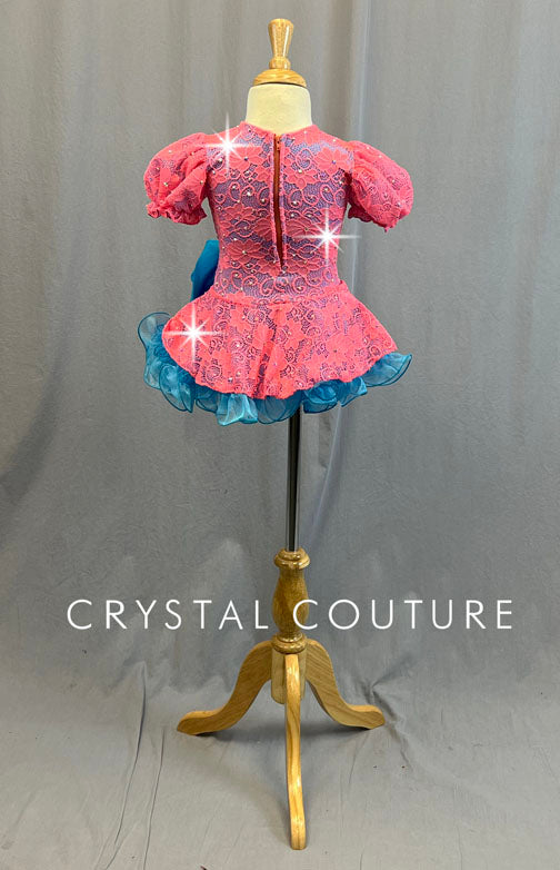 Custom Coral and Blue Lace Puff Sleeve Dress with Ruffled Crinoline - Rhinestones