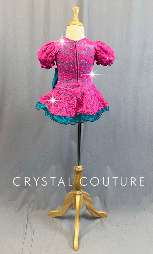 Custom Hot Pink and Teal Lace Puff Sleeve Dress with Ruffled Crinoline - Rhinestones