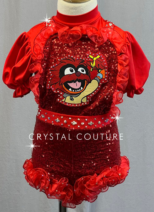 Custom Red Muppet Babies Sequined Jumper with Puff Sleeves and Ruffles - Rhinestones
