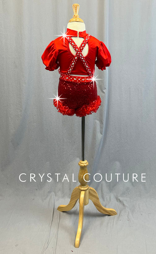 Custom Red Muppet Babies Sequined Jumper with Puff Sleeves and Ruffles - Rhinestones