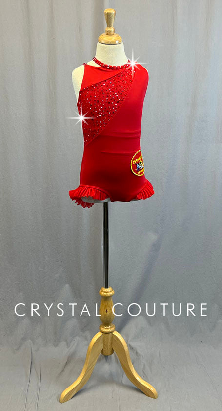 Custom BayWatch Asymmetrical Lifeguard Leotard with Ruffle Hips and Strappy Back - Rhinestones