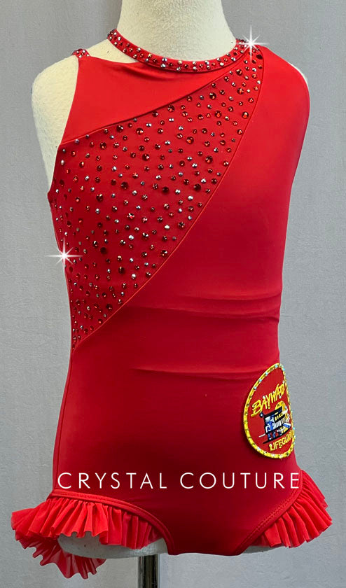 Custom BayWatch Asymmetrical Lifeguard Leotard with Ruffle Hips and Strappy Back - Rhinestones