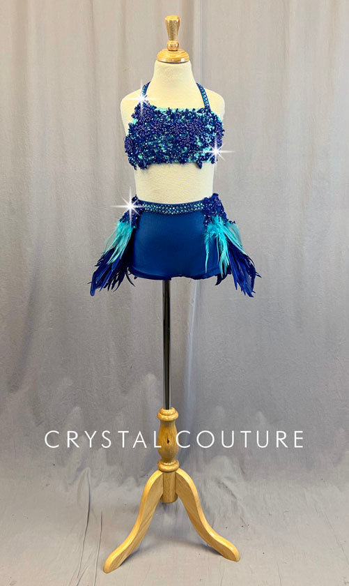Blue Beaded Two Piece with Strappy Back and Feathered Back Skirt - Rhinestones
