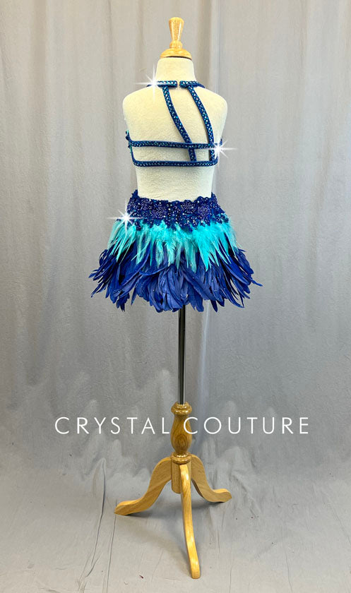 Blue Beaded Two Piece with Strappy Back and Feathered Back Skirt - Rhinestones