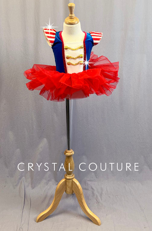 Red, White, and Blue Marching Band Themed Velour Leotard with Tutu - Rhinestones
