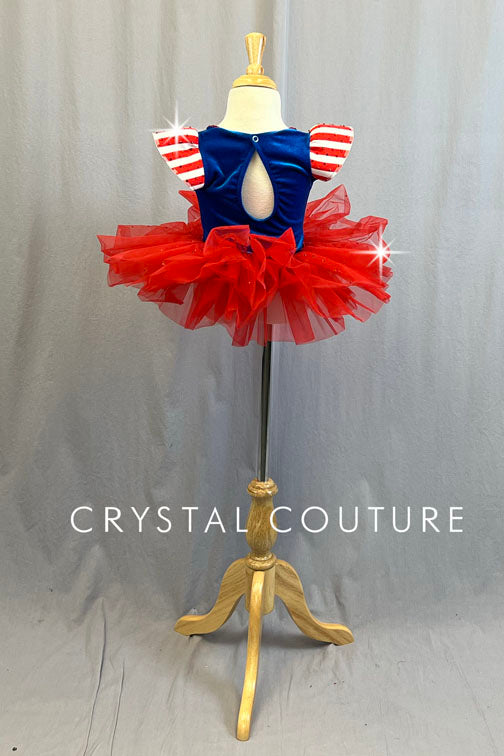 Red, White, and Blue Marching Band Themed Velour Leotard with Tutu - Rhinestones