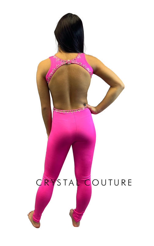 Hot Pink Unitard with Full Length Pants & Side Cutouts - Rhinestones